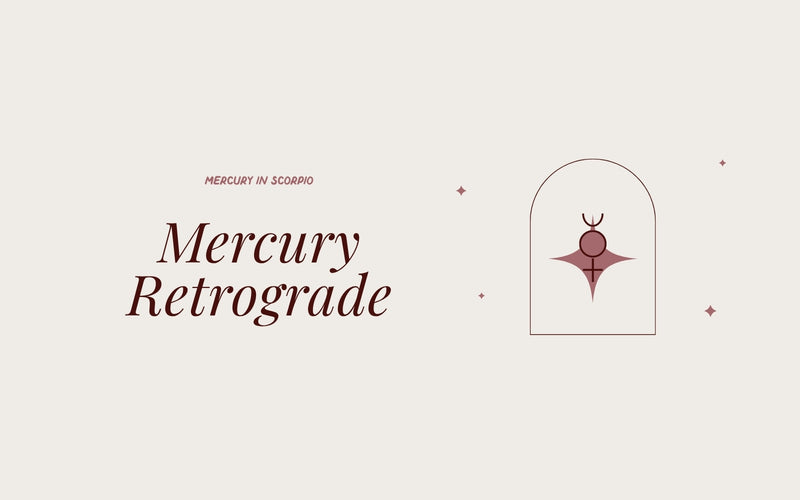 Mercury Retrograde in Scorpio guide header with the Mercury glyph inside an arch, in cream and deep rose