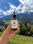 Hand holding The Modern Altar Protection Spray in front of green mountains and a blue sky